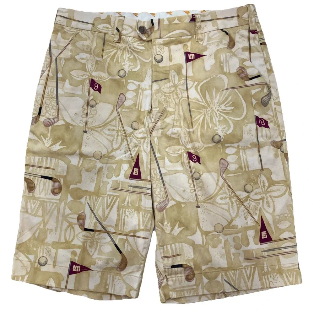 Loud‎ Mouth Golf Shorts Allover Print Hawaiian Golf Clubs Tan Size 34